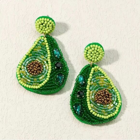 Handmade Avocado Beads Rhinestone Drop Earrings NWT - Picture 1 of 2